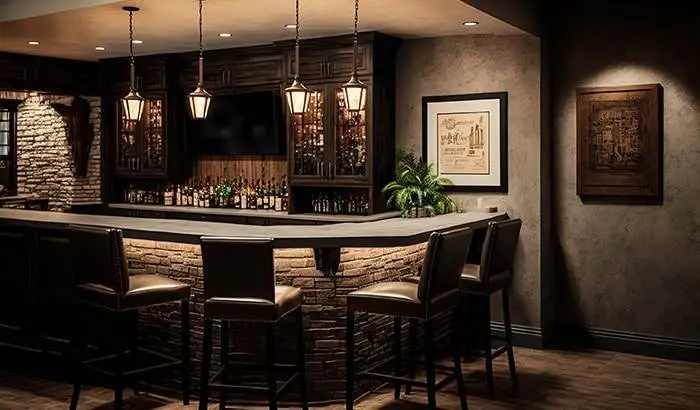 benefits of a basement bar: 3 reasons to have one 1 Basement bar featuring stone and concrete finish, hardwood cabinet, and classic hanging lights