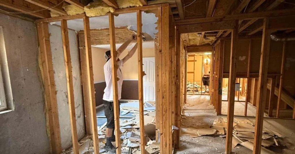 basement undergoing renovation and construction of wooden stud walls