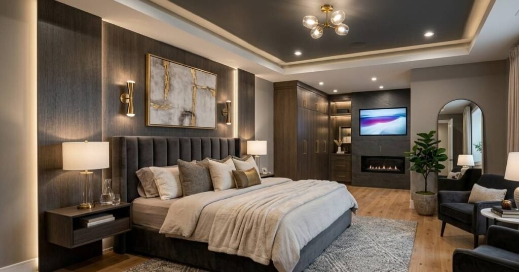 modern luxurious basement bedroom with elegant lighting