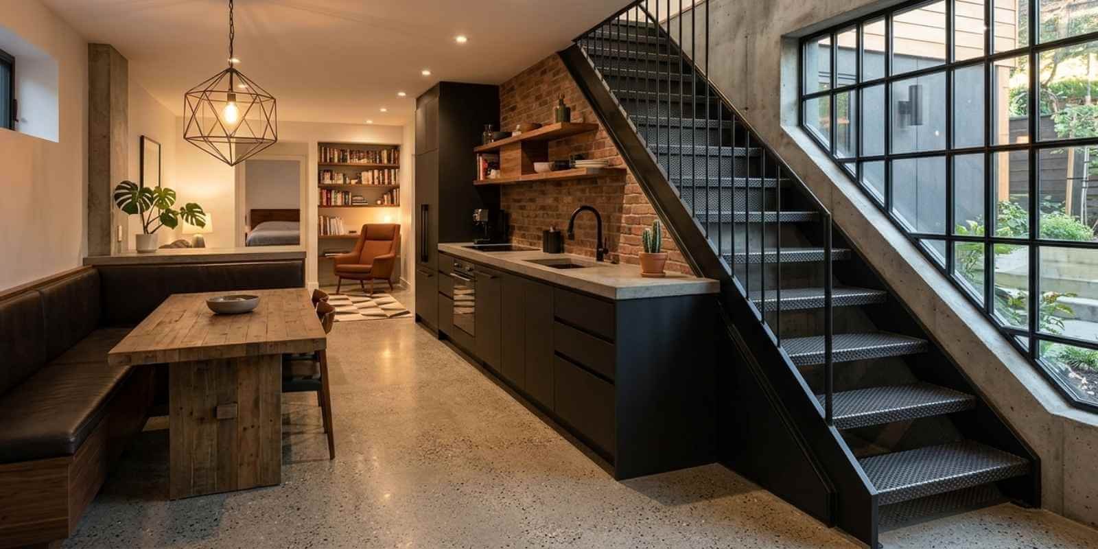 modern finished basement adu with kitchen and living space design