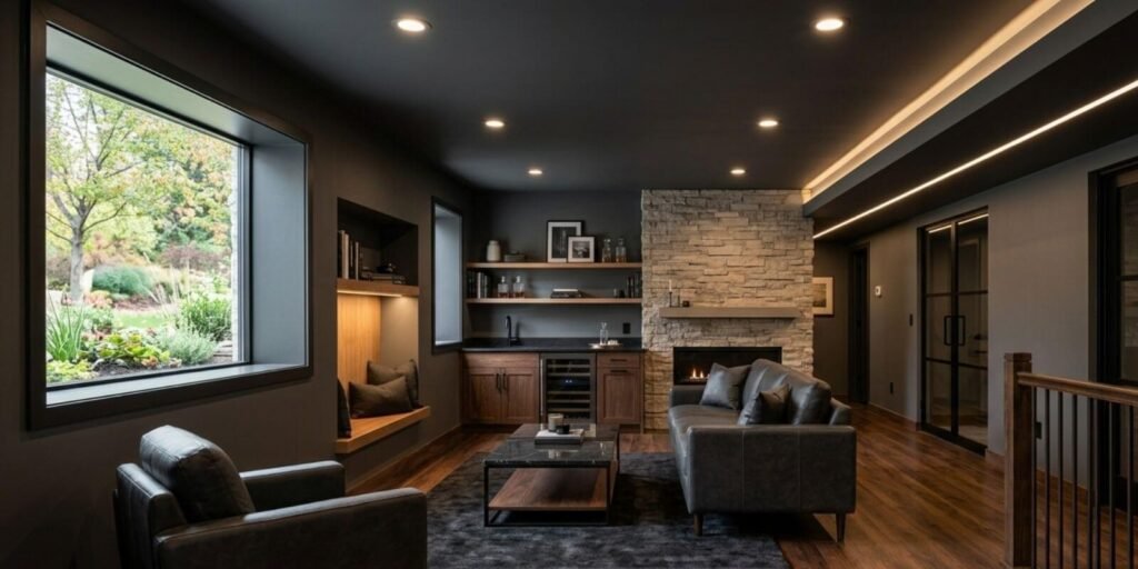 Basement remodeling building code Alpine compliant finished basement with modern living space and proper ceiling height.
