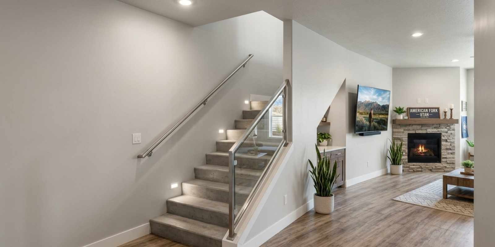 Modern finished basement completed under basement finishing permits American Fork with safe